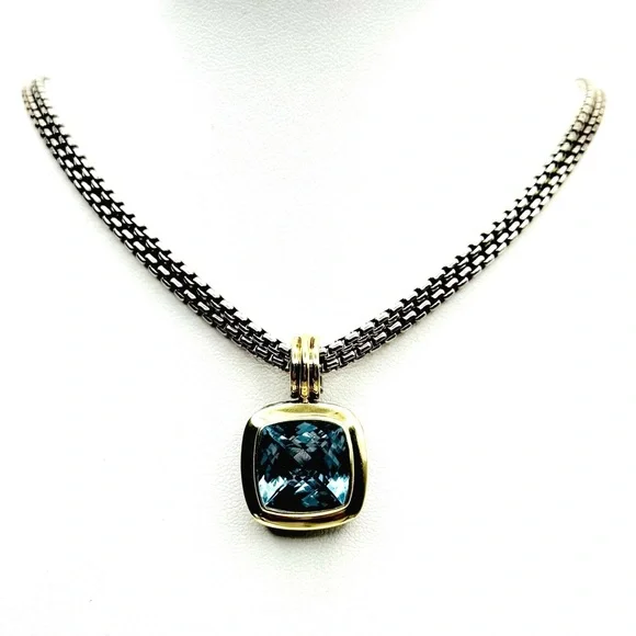 David Yurman Albion 14mm Blue Topaz Pendant Enhancer With Gold - Picture 3 of 6
